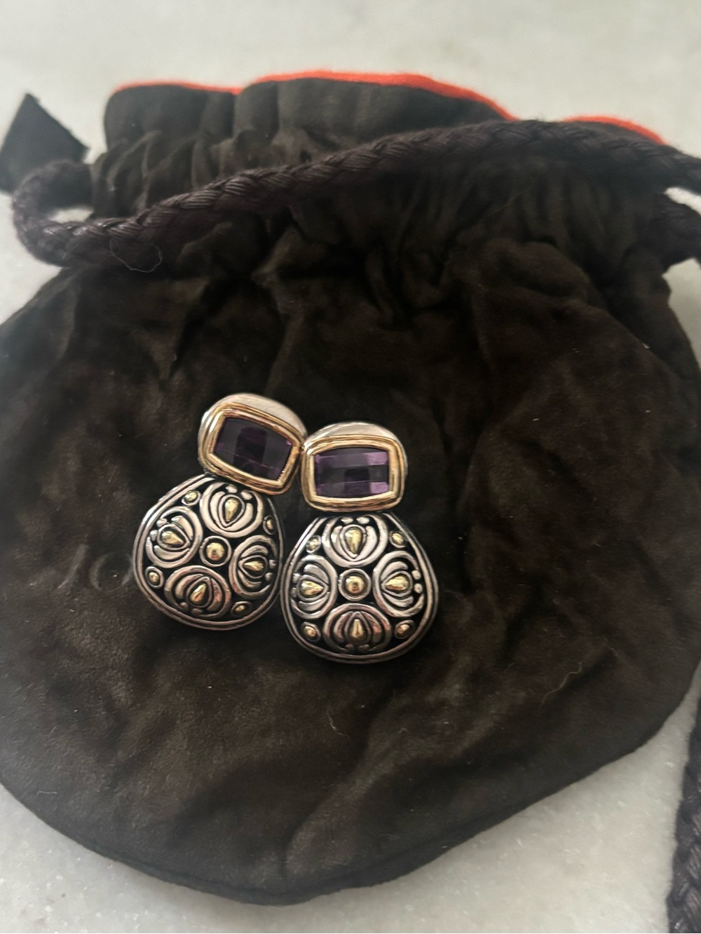 John Hardy 18K Gold Sterling Silver Amethyst Drop Earrings